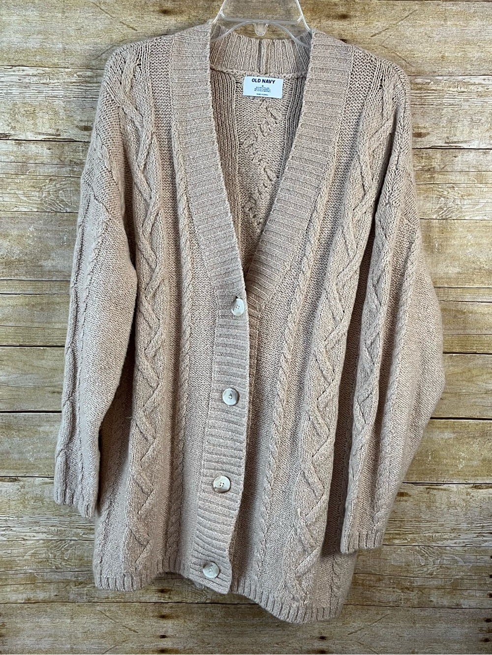 Old Navy Beige Chunky Cable Knit Button Cardigan EUC Size M Oversized Recycled